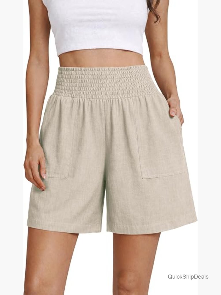 High Waisted Wide Leg Linen Blend Shorts With Pockets